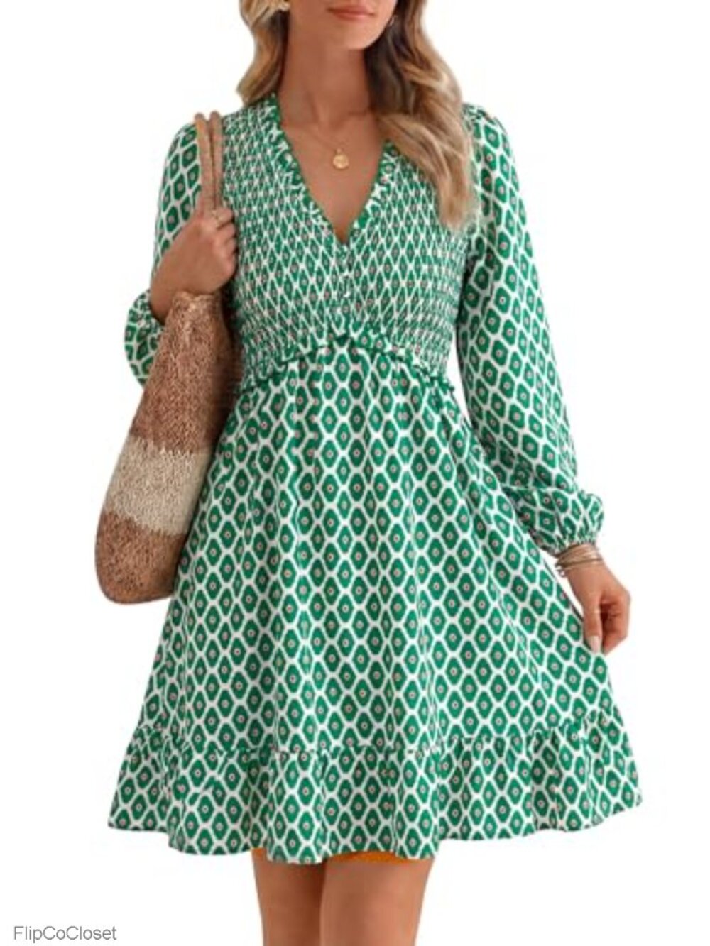 Floral Long Sleeve Smocked Mini Dress with Pockets